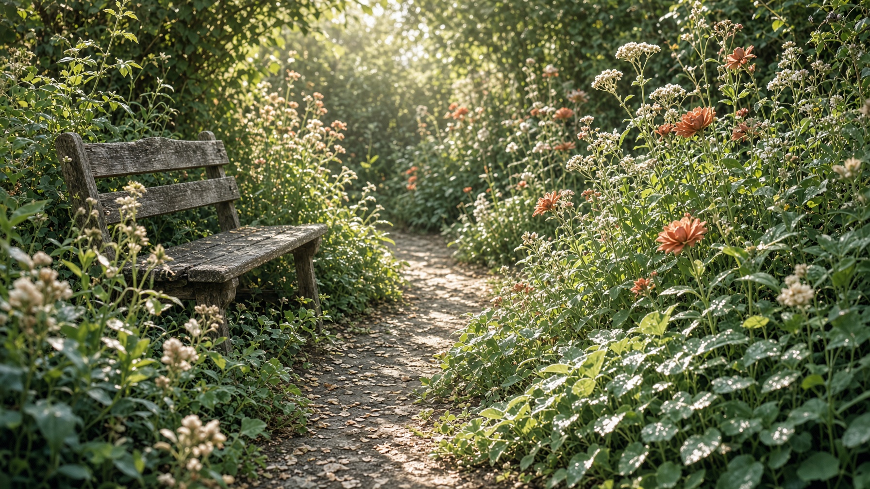A sunlit garden path with wildflowers