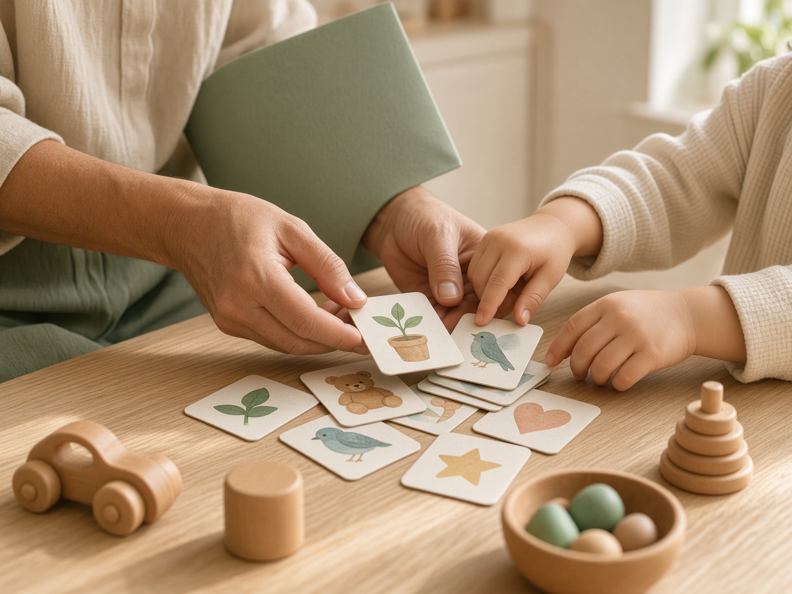 Adult and child hands playing with picture cards on a wooden table