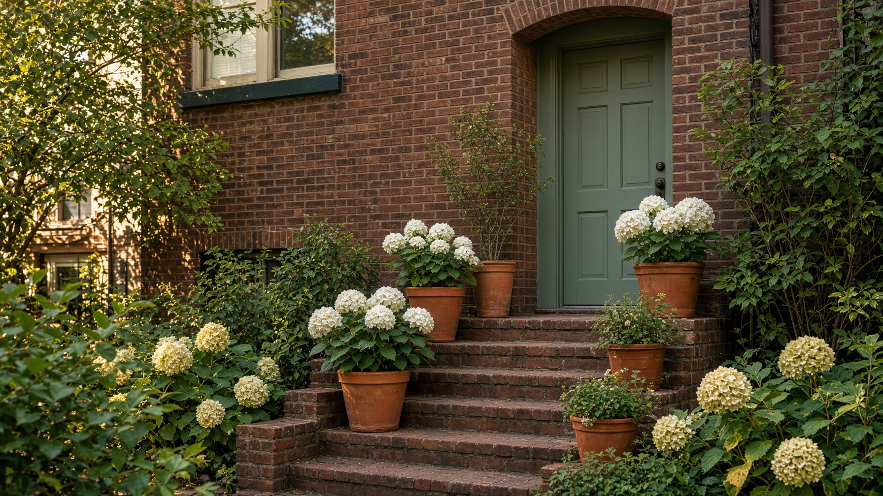 The clinic stoop with hydrangeas and a sage door