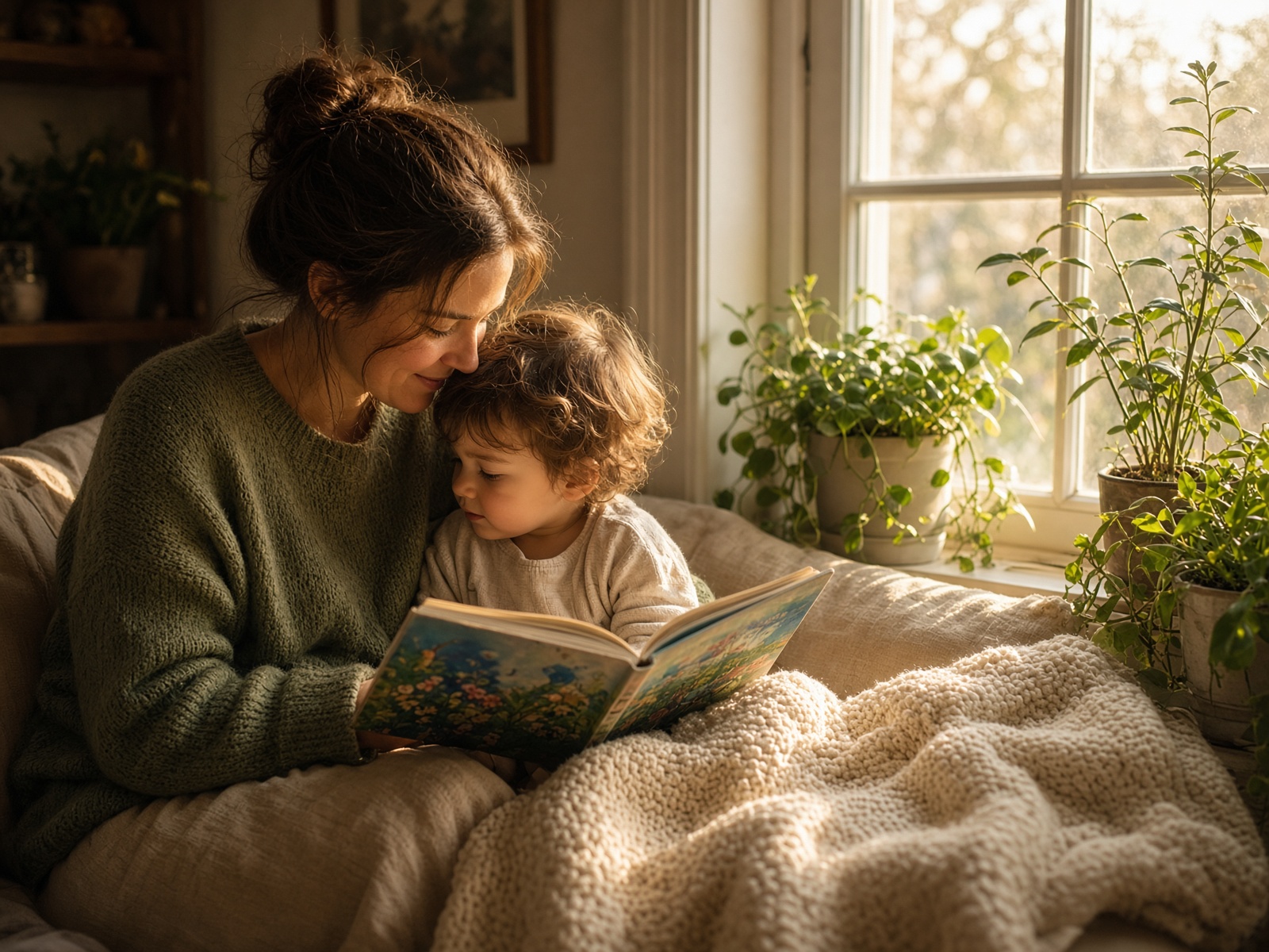 A parent and child reading together on a sunlit window seat